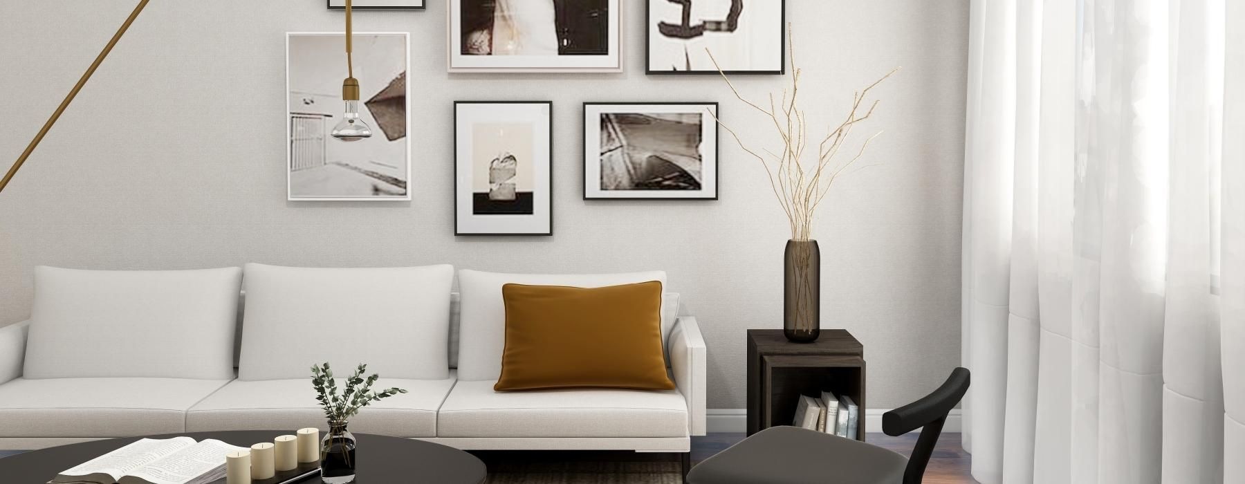 a living room with a white couch and a coffee table